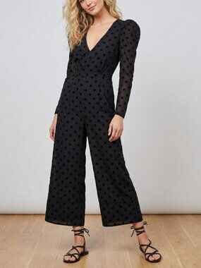 Tularosa Womens Black Sheer Long Sleeve Polka Dot Jumpsuit
